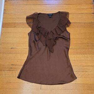 Spense, Brown Satin Sleeveless Ruffle V-Neck Blouse, EUC, Women's S